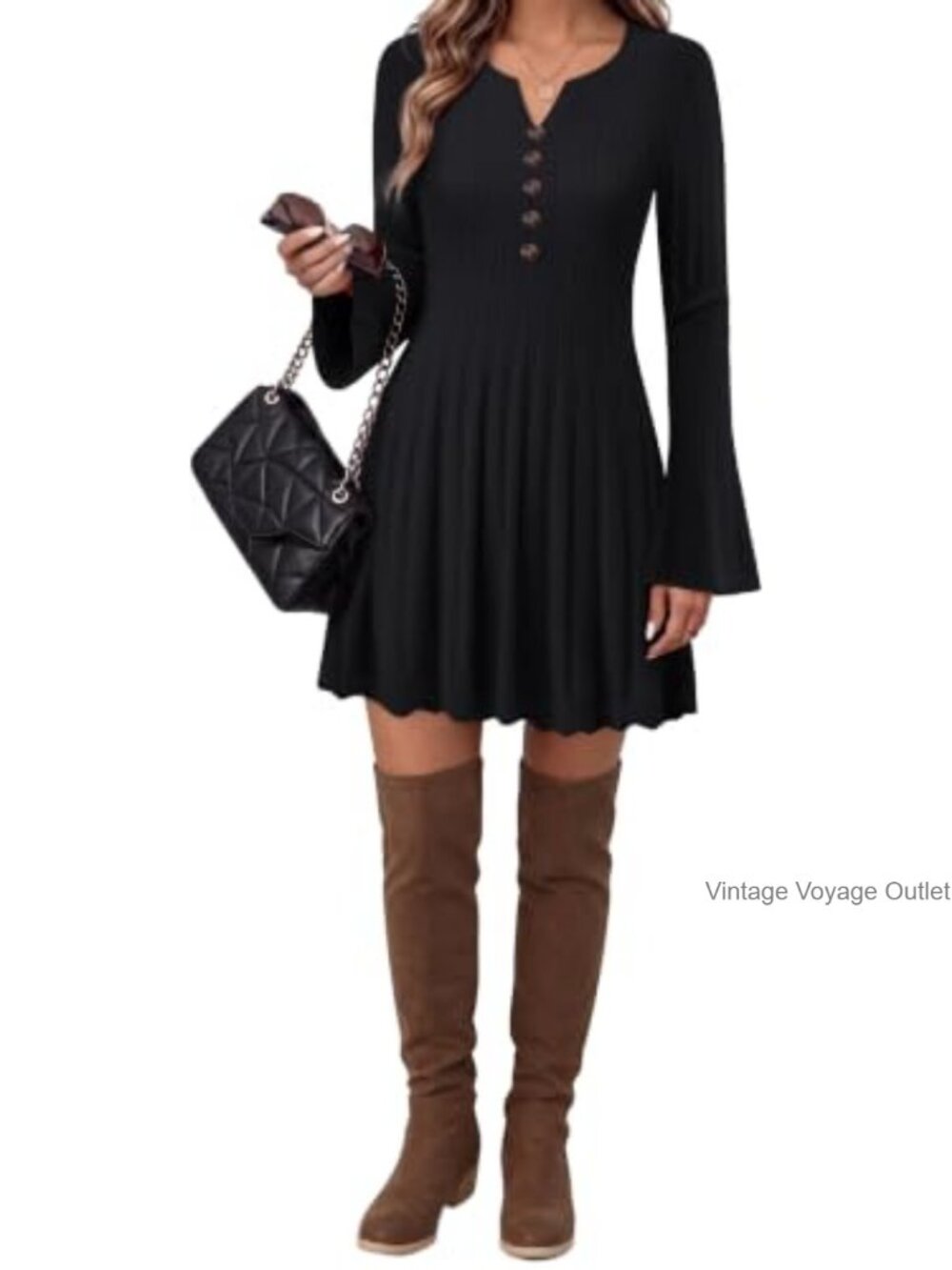 Ribbed Knit Mini Sweater Dress Long Sleeve Henley V-Neck Fit & Flare